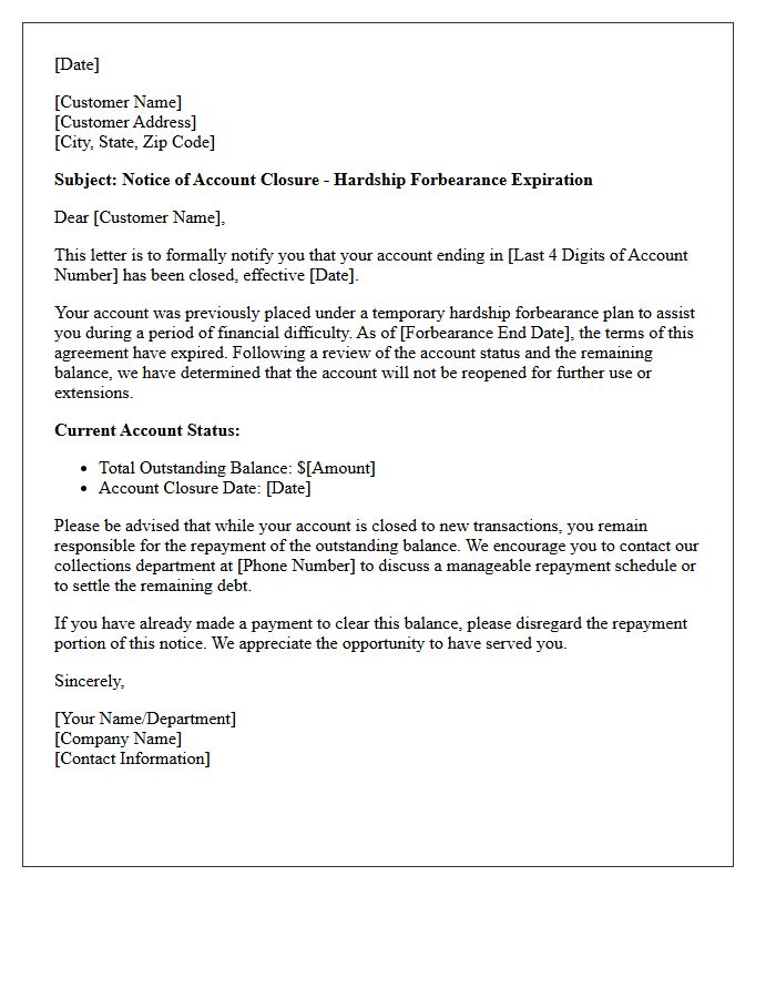 Notice of Account Closure Following Hardship Forbearance Expiration Letter