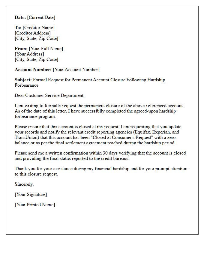 Permanent Account Closure Post Hardship Forbearance Letter