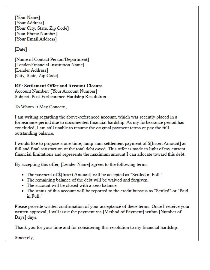 Post-Forbearance Hardship Account Settlement and Closure Letter
