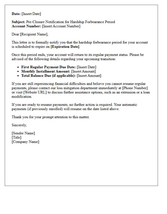 Pre-Closure Notification for Hardship Forbearance Account Letter