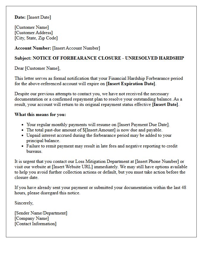 Unresolved Financial Hardship Forbearance Closure Notice Letter