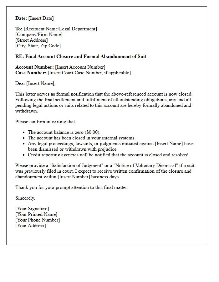 Final Account Closure and Suit Abandonment Letter