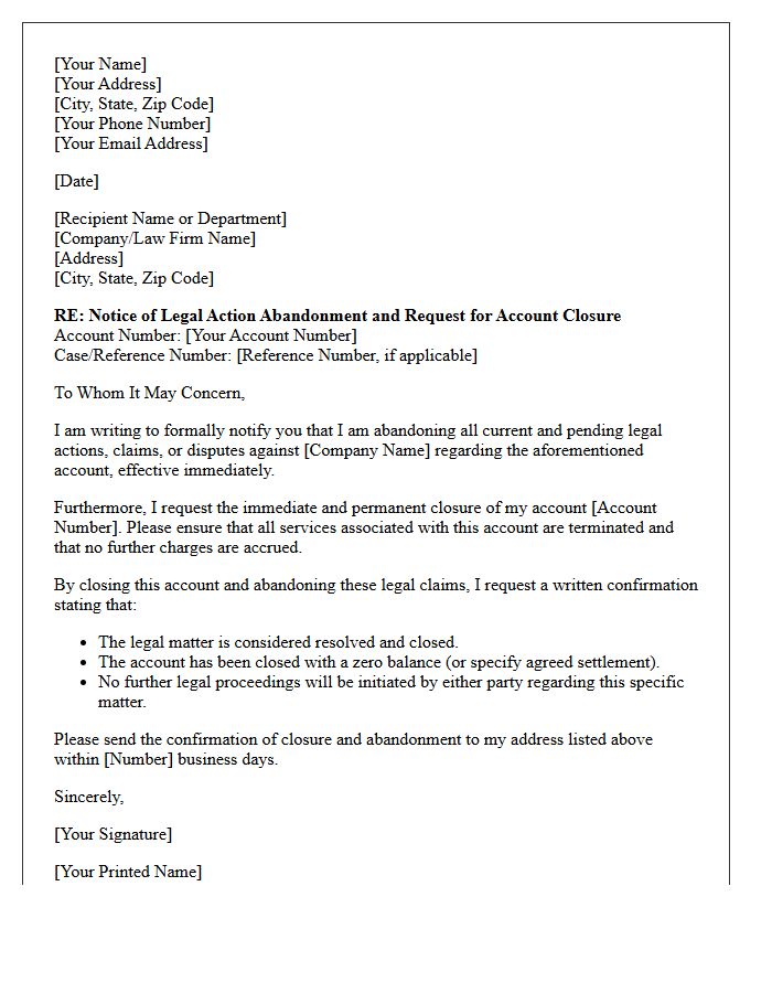 Legal Action Abandonment and Account Closure Letter
