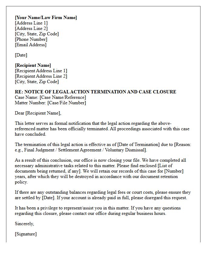 Notice of Legal Action Termination and Closure Letter