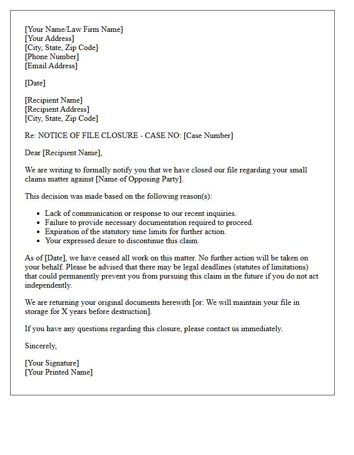 Small Claims Abandonment and File Closure Letter