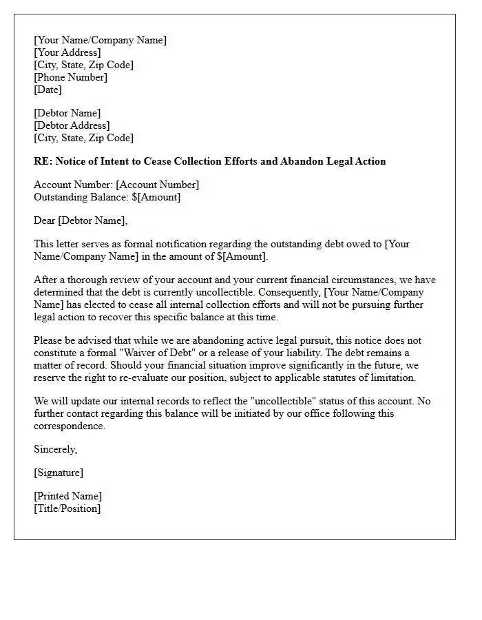 Uncollectible Debt Legal Action Abandonment Letter