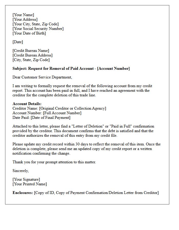 Paid In Full Bureau Deletion Letter