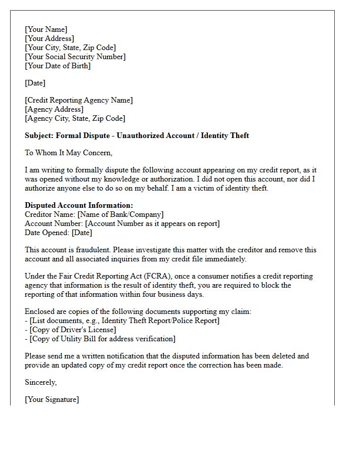 Unauthorized Account Bureau Deletion Letter