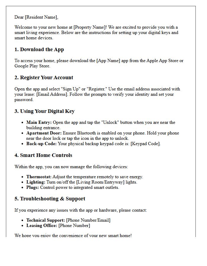 Digital Key and Smart Home Move-In Instructions Letter