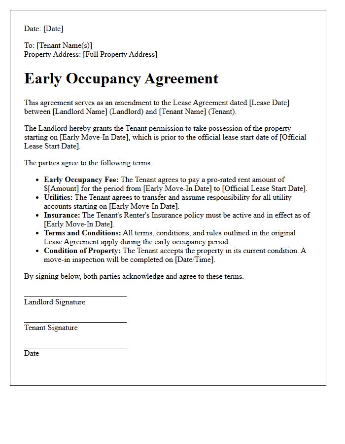 Early Occupancy Move-In Agreement Letter