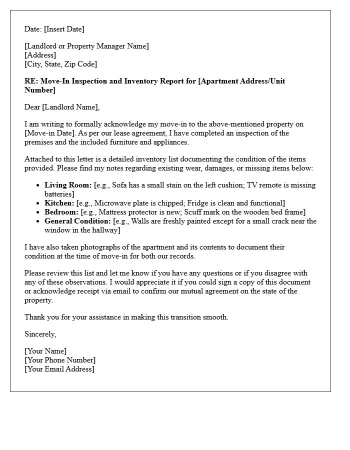 Furnished Apartment Move-In and Inventory Letter