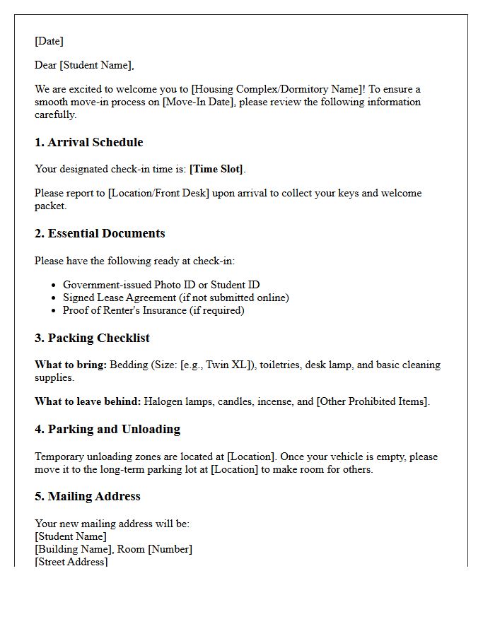 Student Housing Move-In Day Preparation Letter