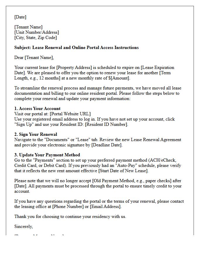 Lease Renewal Portal Access and Payment Update Letter