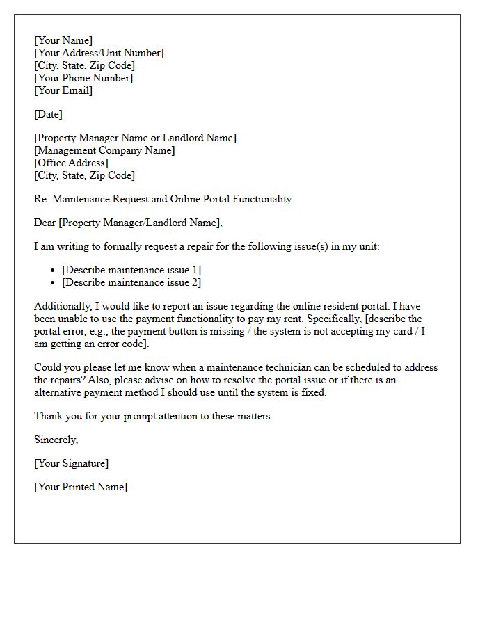 Maintenance Request and Portal Payment Functionality Letter