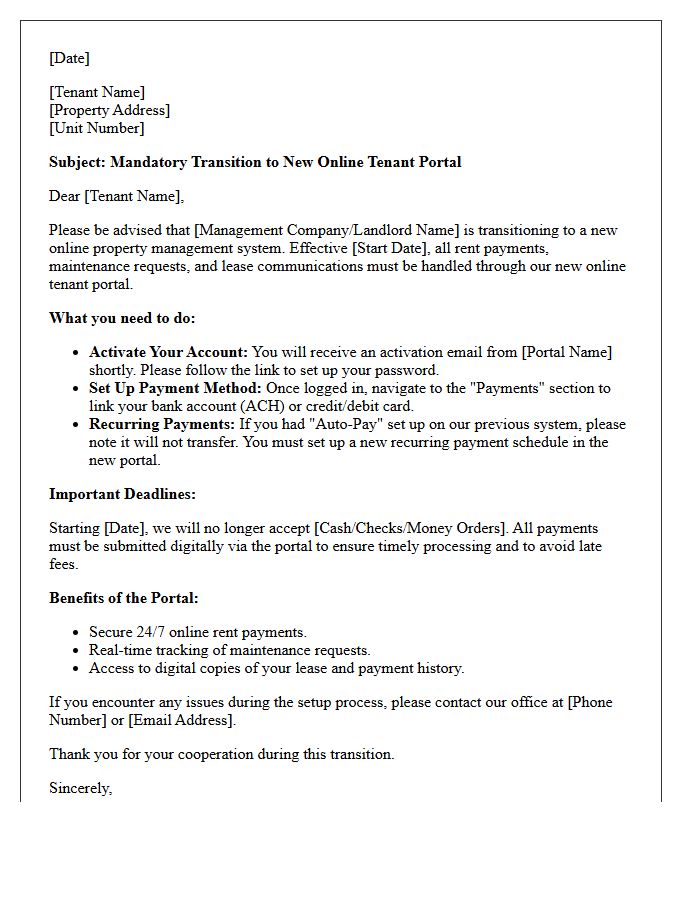 Mandatory Tenant Portal Transition and Payment Setup Letter