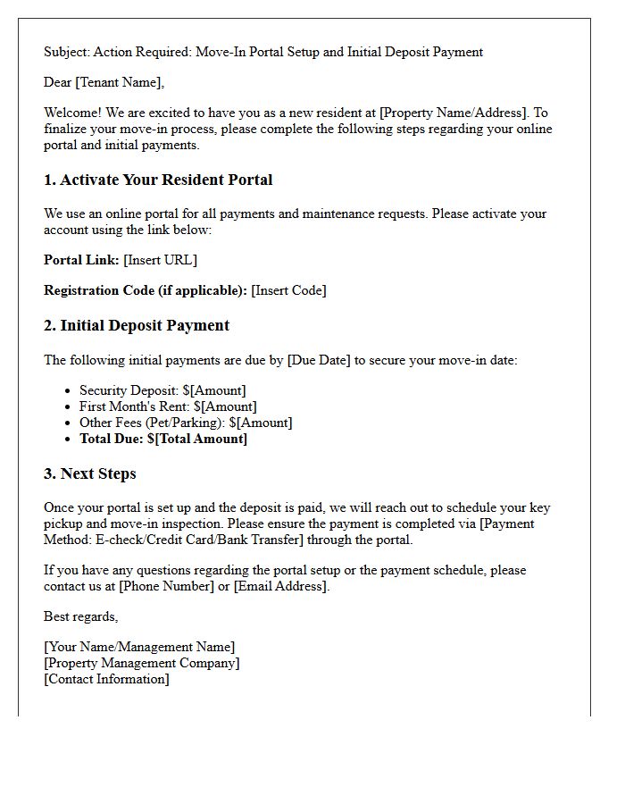 Move-In Portal Setup and Initial Deposit Payment Letter