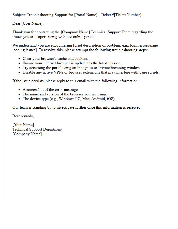 Online Portal Troubleshooting and Technical Support Letter
