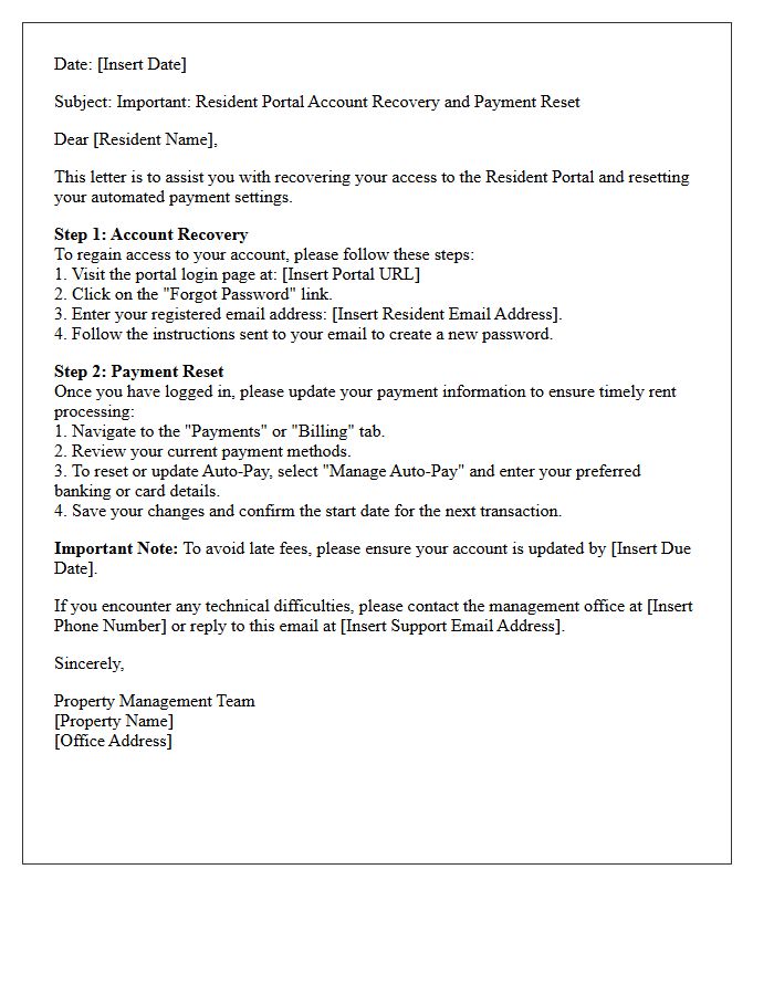 Resident Portal Account Recovery and Payment Reset Letter