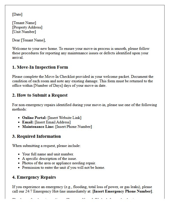 Move-In Maintenance Request Procedures Letter
