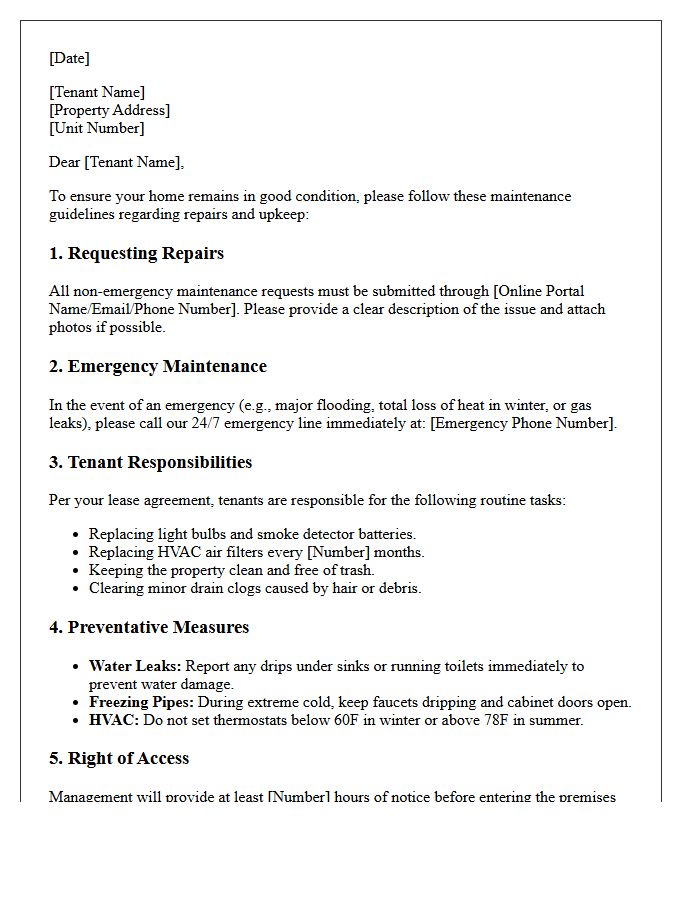 Property Management Maintenance Guidelines Letter
