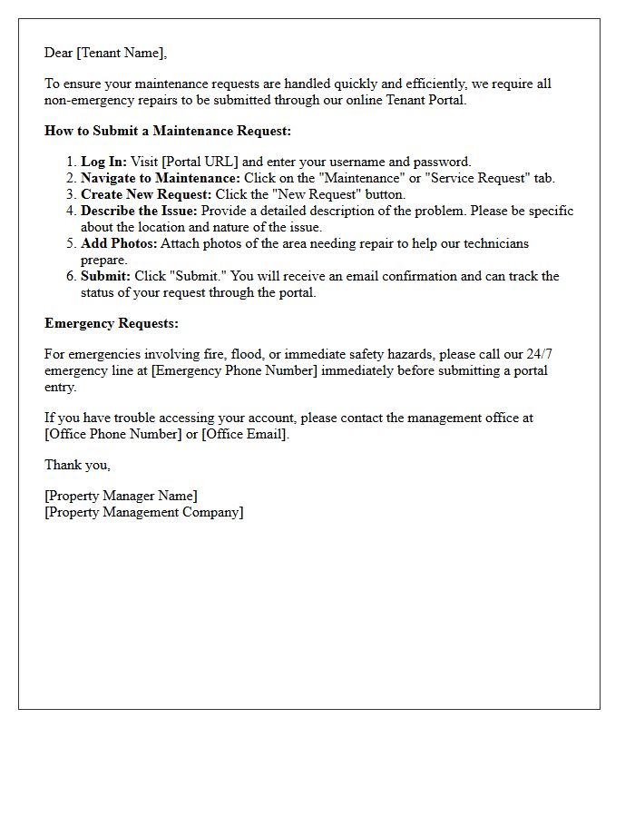 Tenant Portal Maintenance Instructions Letter