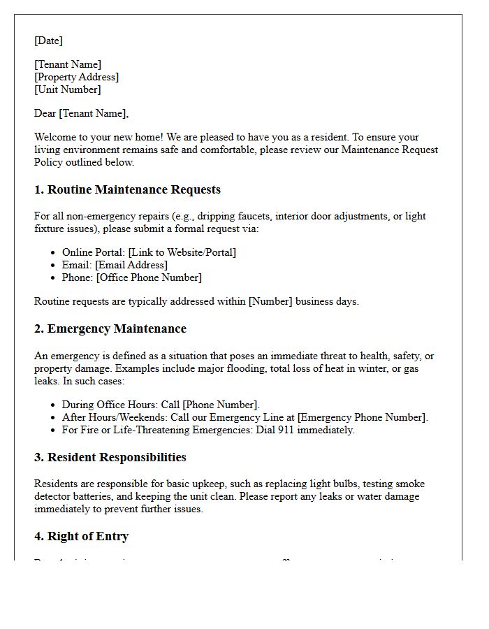 Welcome Home Maintenance Request Policy Letter