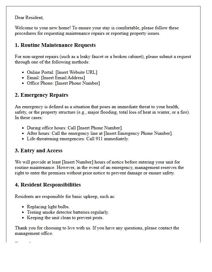 Welcome Resident Maintenance Procedure Letter