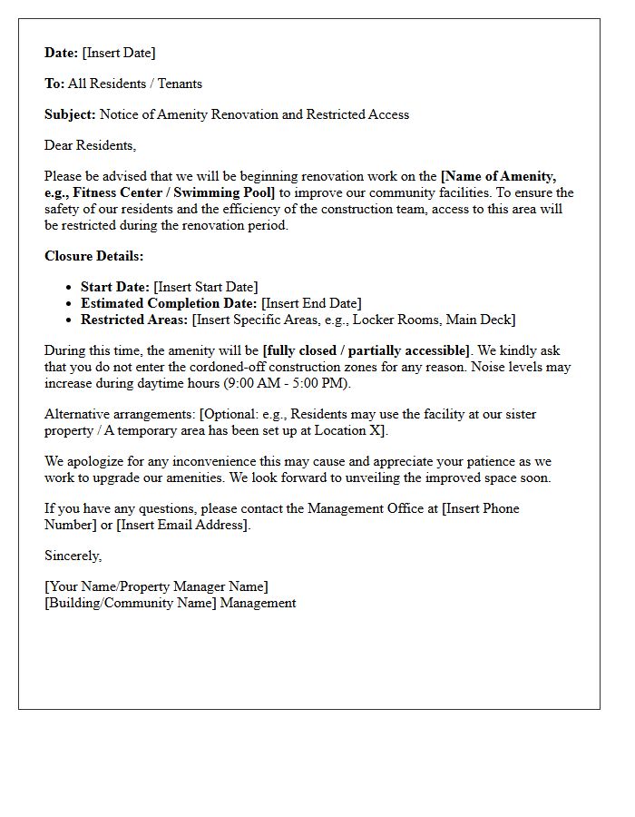Amenity Renovation Closure and Restricted Access Letter