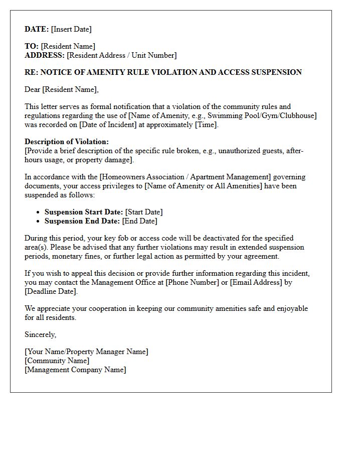 Amenity Rule Violation and Access Suspension Letter