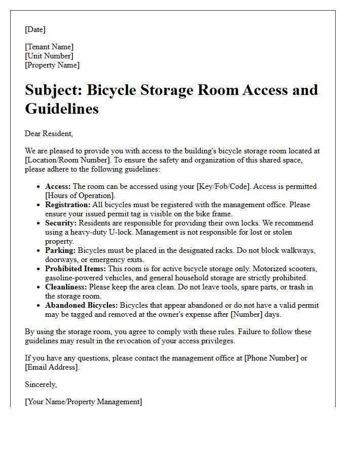 Bicycle Storage Room Access and Guidelines Letter