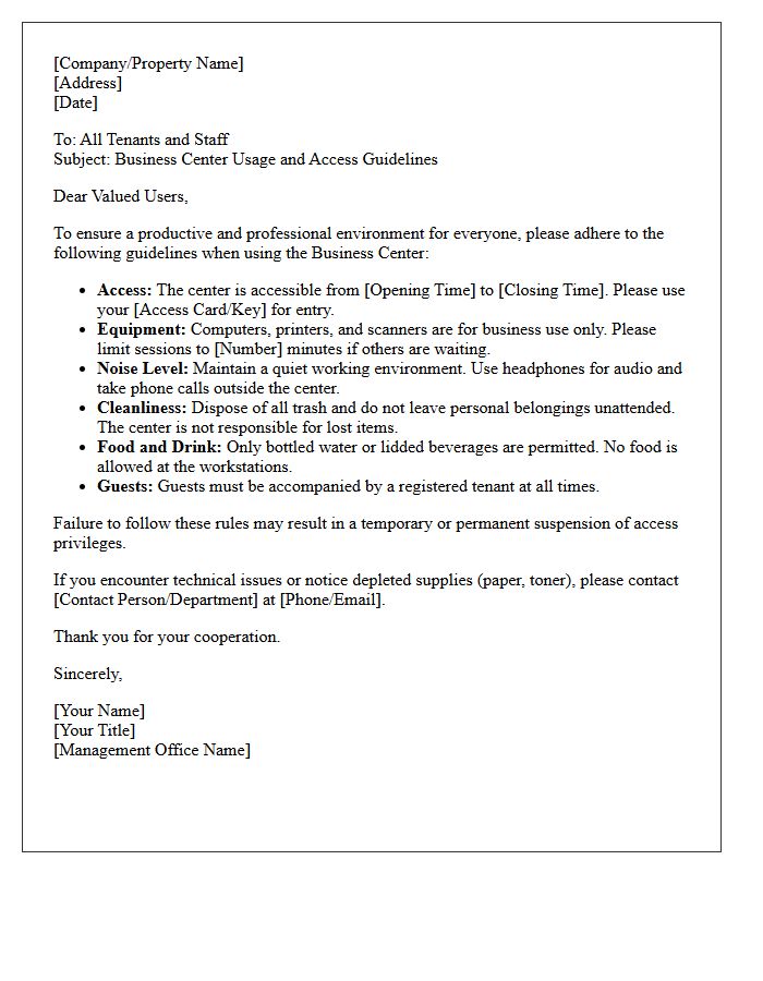 Business Center Usage and Access Guidelines Letter