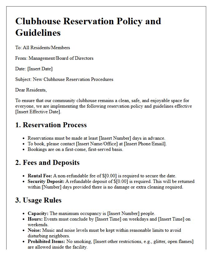 Clubhouse Reservation Policy and Guidelines Letter
