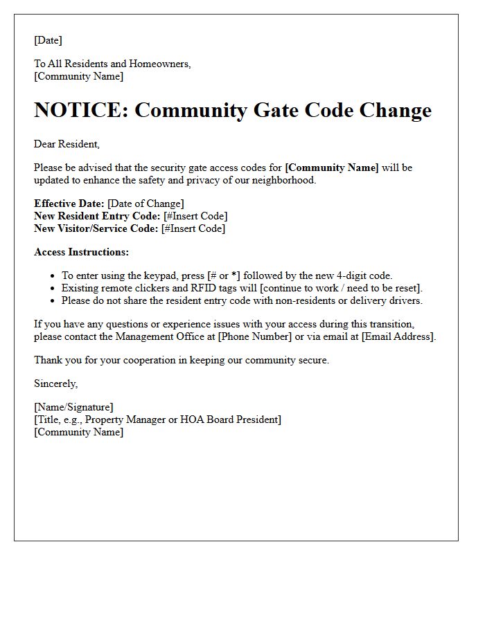 Community Gate Code Update and Access Letter