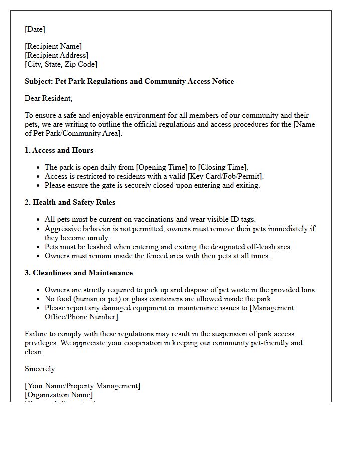 Pet Park Regulations and Community Access Letter