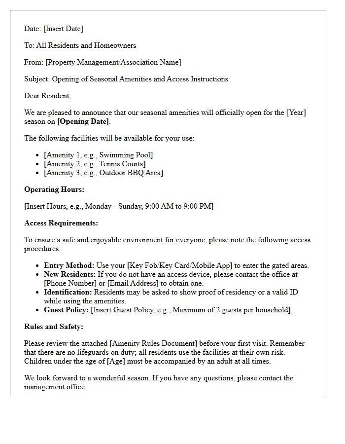 Seasonal Amenity Opening and Access Letter