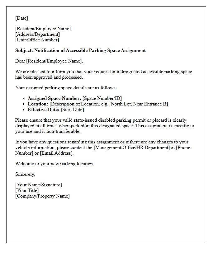 Accessible Parking Space Assignment Welcome Letter