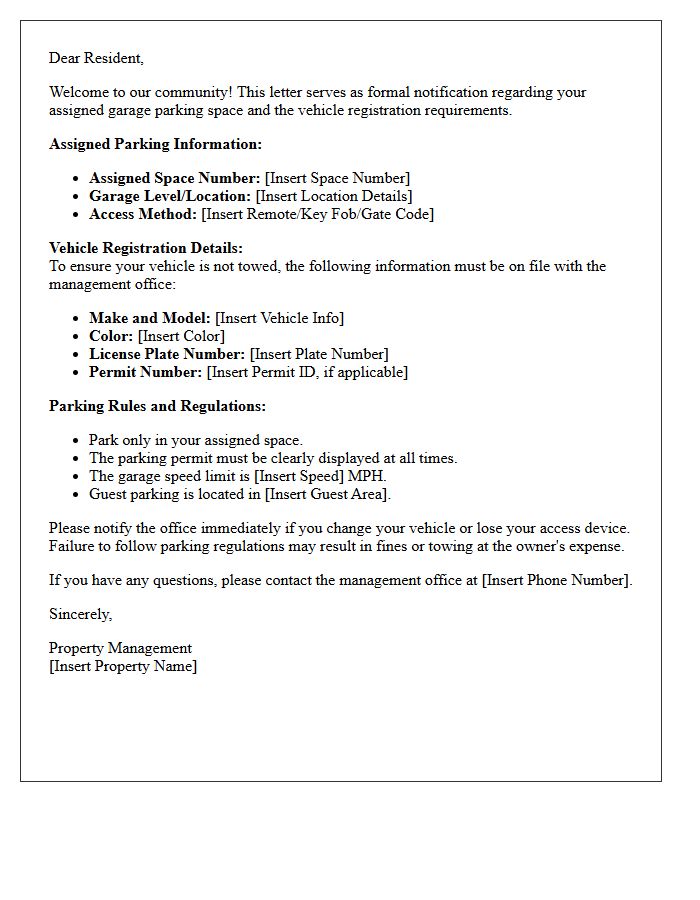 Assigned Garage Parking and Vehicle Registration Welcome Letter