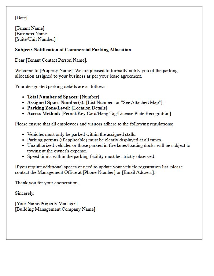 Commercial Tenant Parking Allocation Welcome Letter