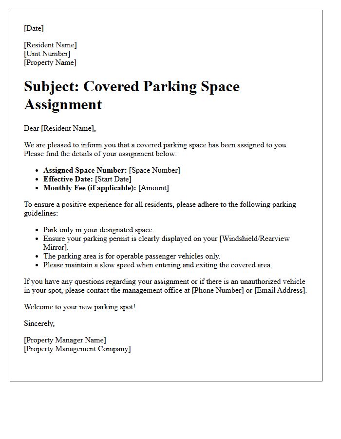 Covered Parking Space Assignment Welcome Letter