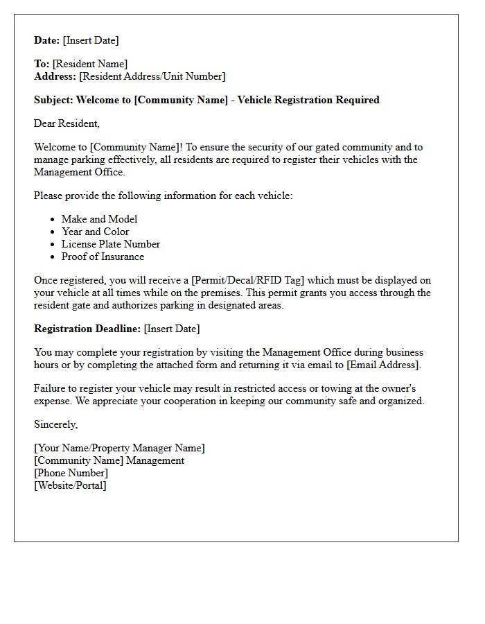 Gated Community Vehicle Registration Welcome Letter