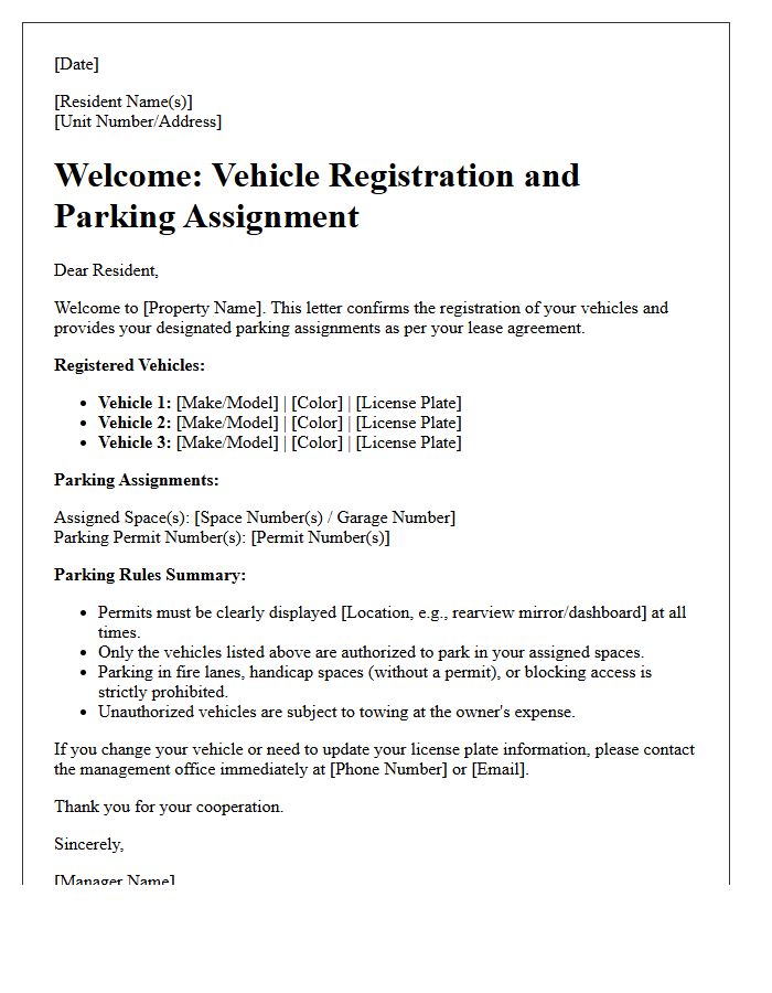 Multiple Vehicle Registration and Parking Assignment Welcome Letter