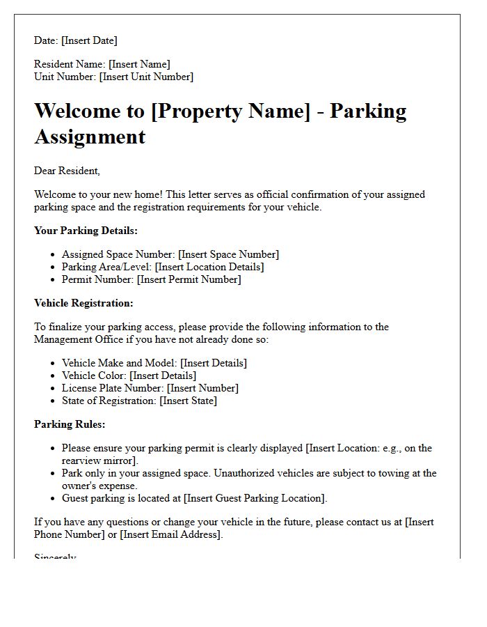 New Resident Parking Assignment and Vehicle Registration Welcome Letter