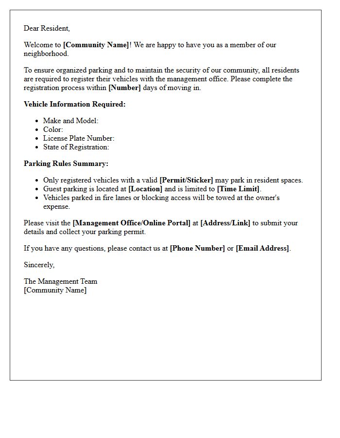 Residential Community Welcome Letter for Vehicle Registration
