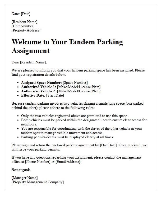 Tandem Parking Assignment and Registration Welcome Letter