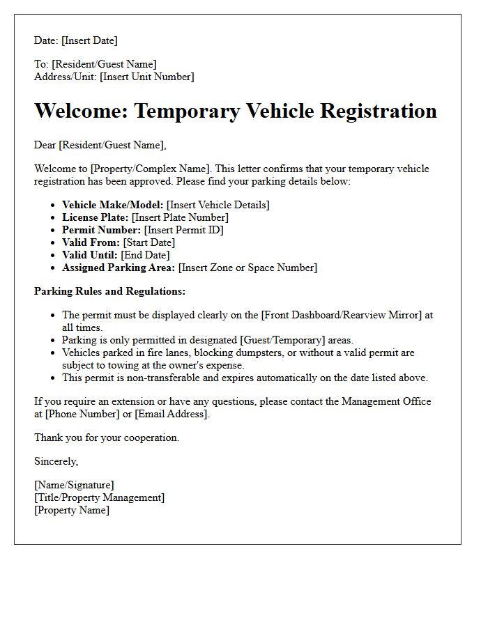 Temporary Vehicle Registration and Parking Welcome Letter