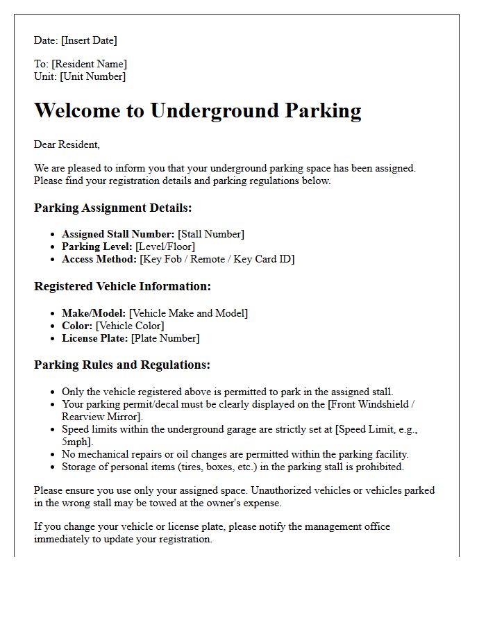 Underground Parking Assignment and Vehicle Registration Welcome Letter