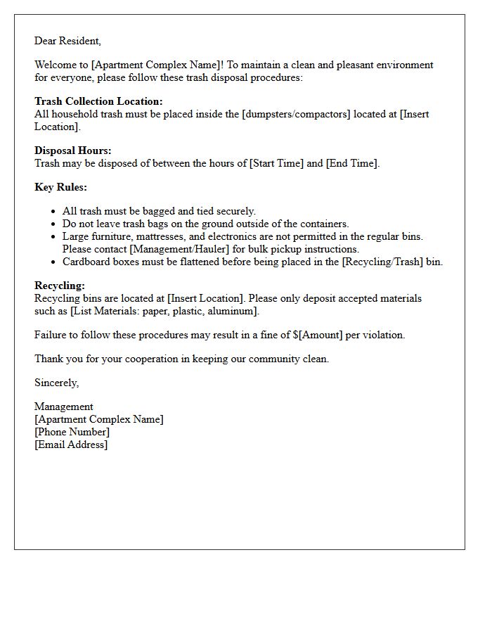 Apartment Trash Disposal Procedures Welcome Letter