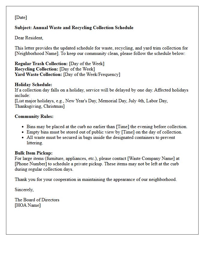 HOA Waste and Recycling Schedule Letter