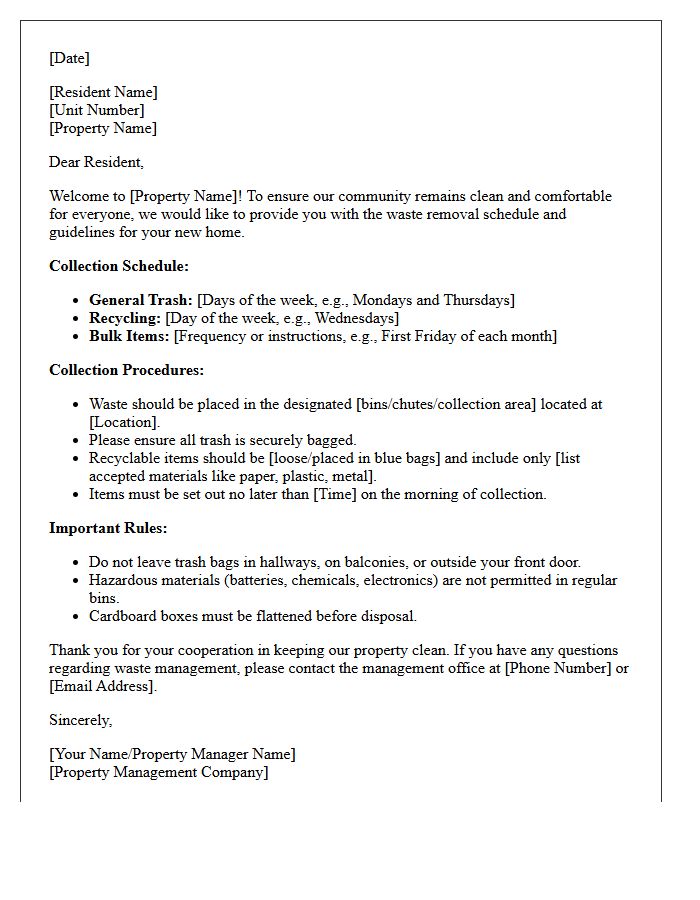 Property Waste Removal Schedule Welcome Letter
