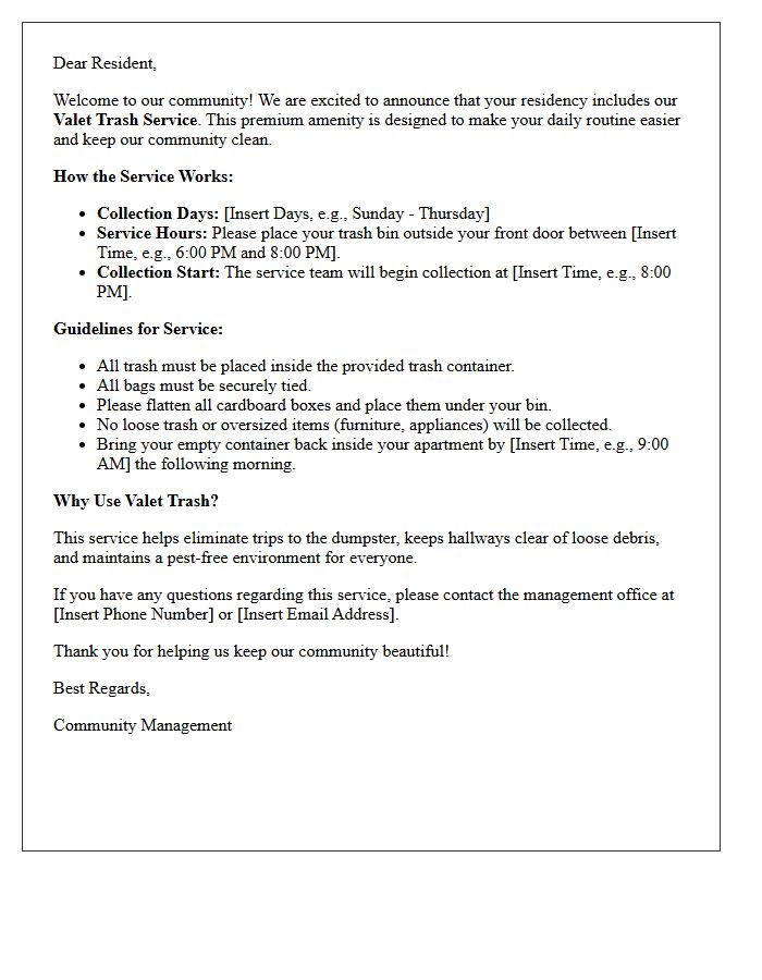 Tenant Valet Trash Service Welcome Letter